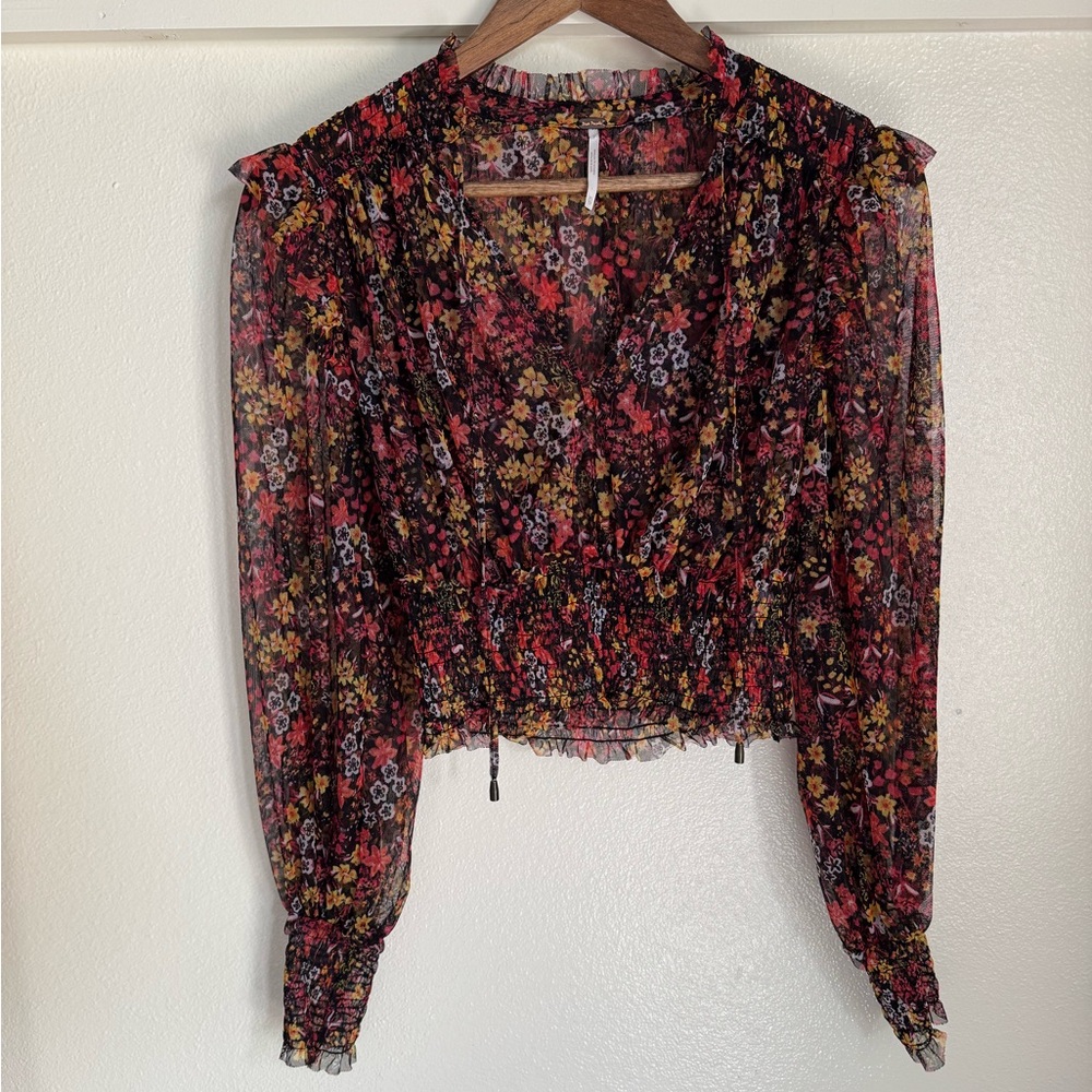 Free People XS Twyla Smocked Sheer Ruffle Long Sleeve Floral V-Neck Top Blouse - Picture 2 of 11